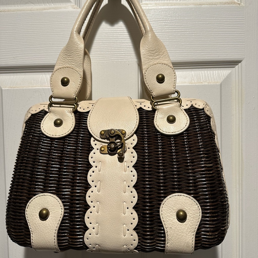 Isabella Fiore Vintage Wicker Basket Satchel Purse With Leather Trim